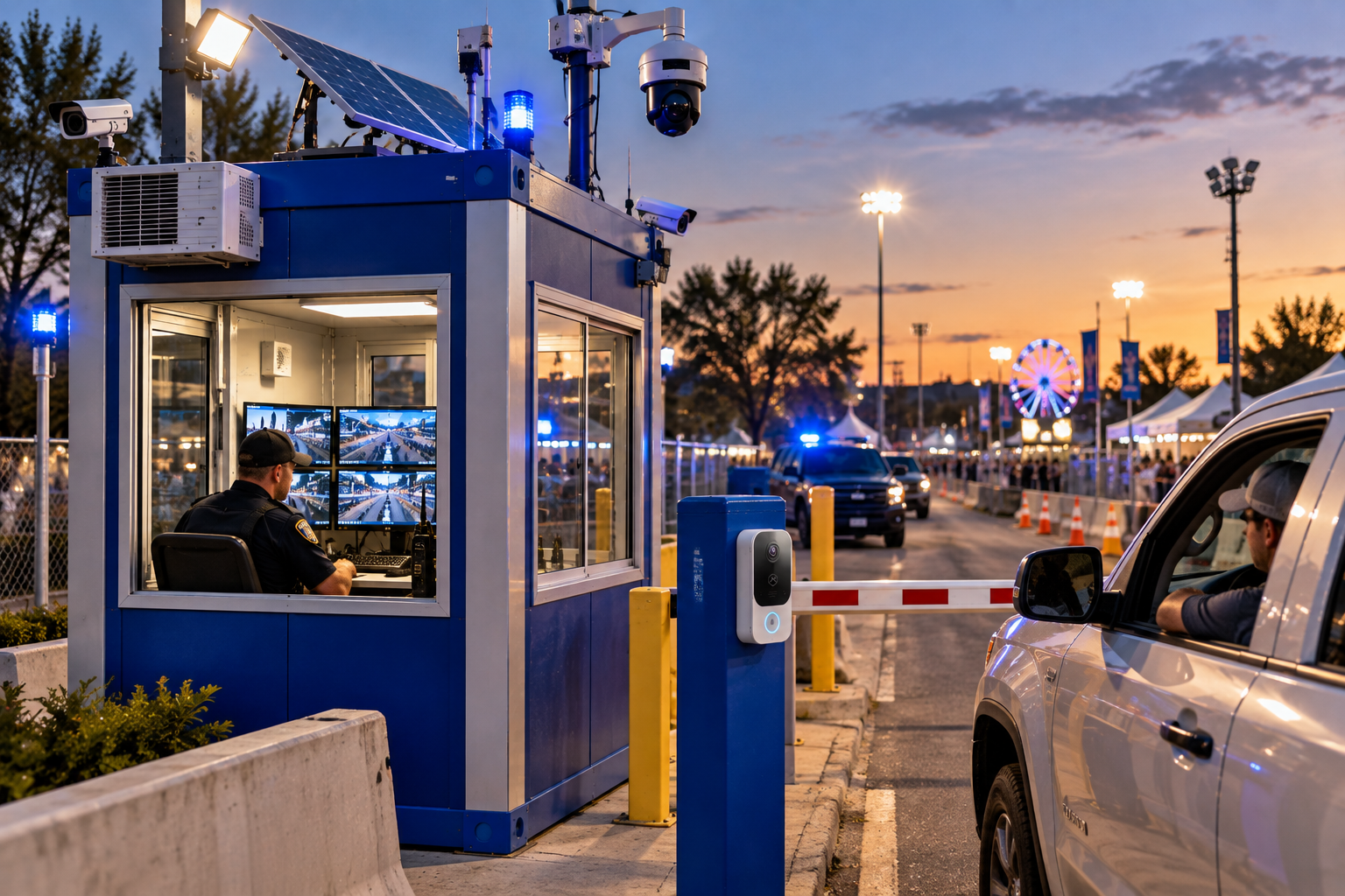 BlueBox public safety station at event entrance with security personnel and surveillance cameras