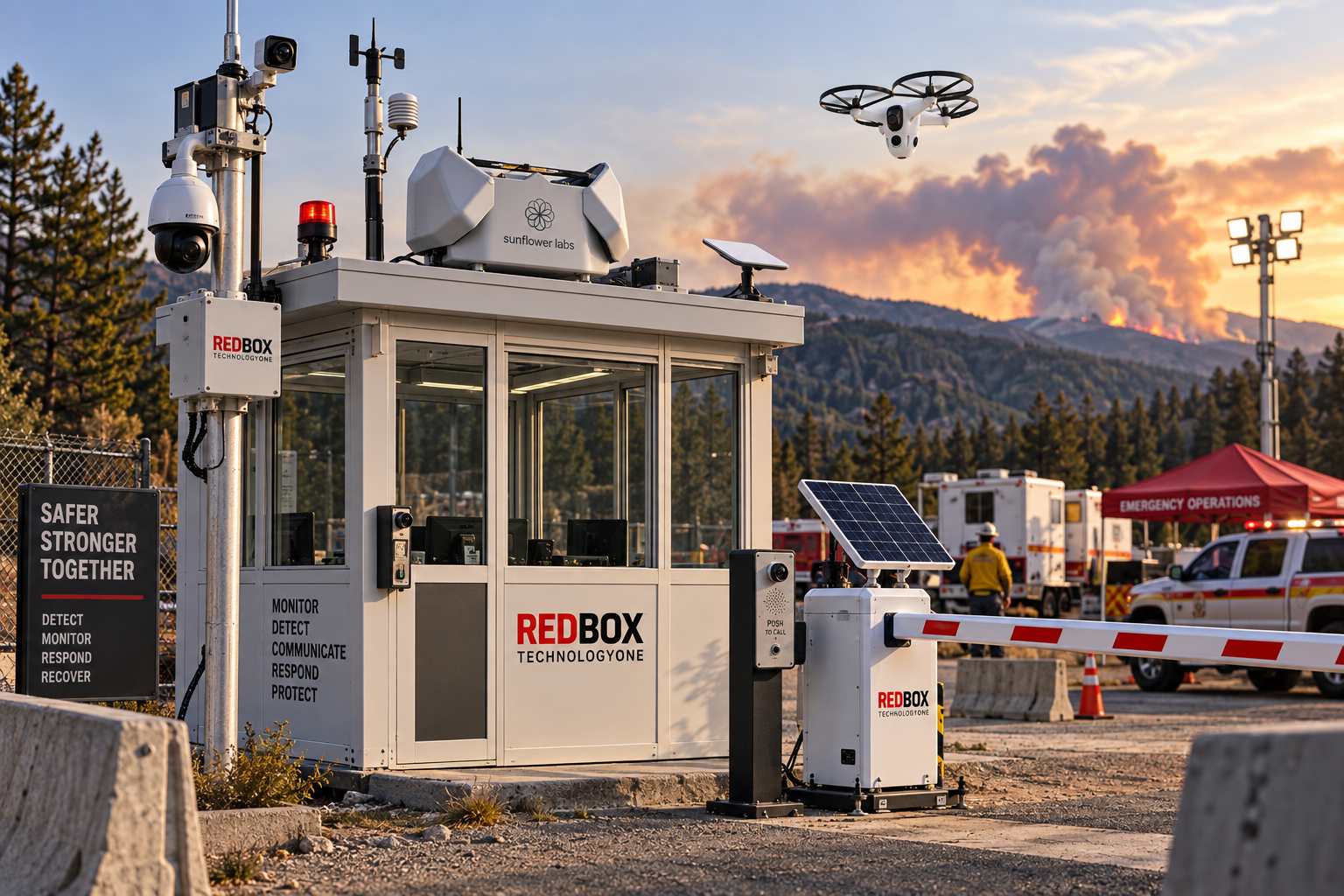 Sunflower Labs Bee drone and Hive docking system beside a RedBox monitoring station