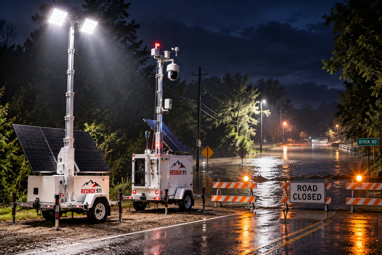 Remote RedBox flood monitoring station beside a flooded low-water crossing
