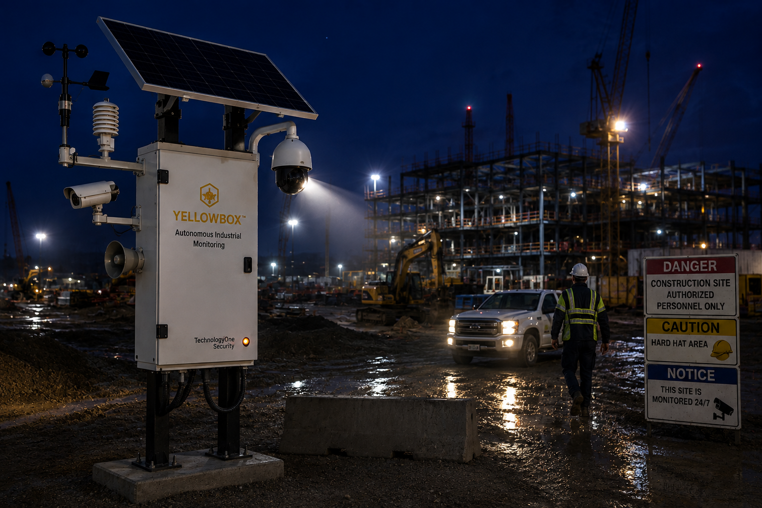 YellowBox monitoring station on construction site at night