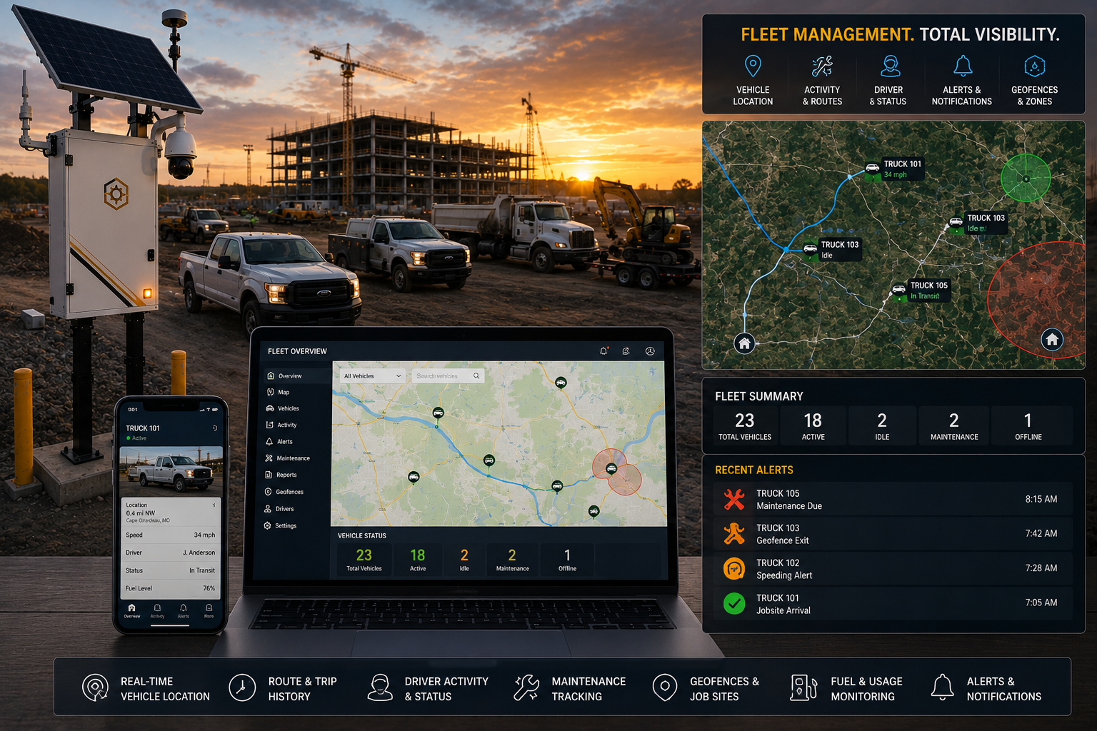 Fleet management dashboard tracking construction vehicles and equipment across multiple jobsites