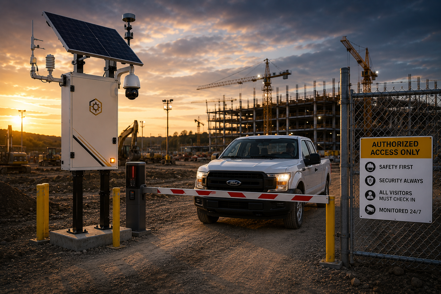 Construction site security checkpoint with gate access control at sunset