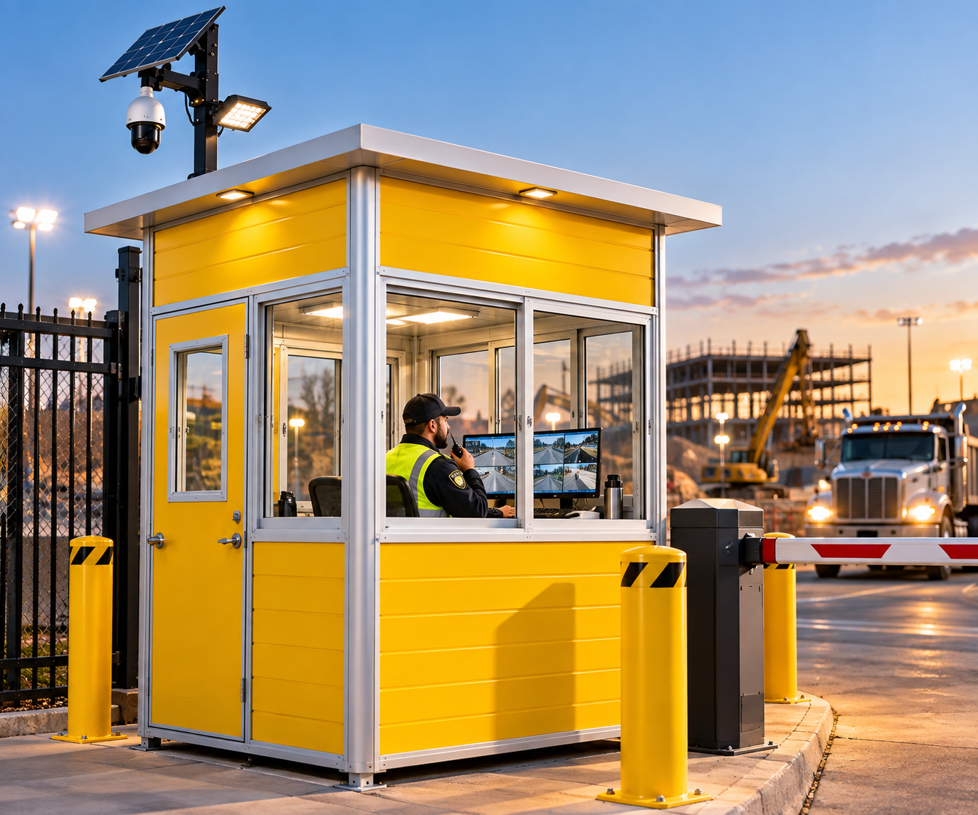 TechnologyOne guard and security station at construction site entrance with PTZ camera, solar panel and gate barrier