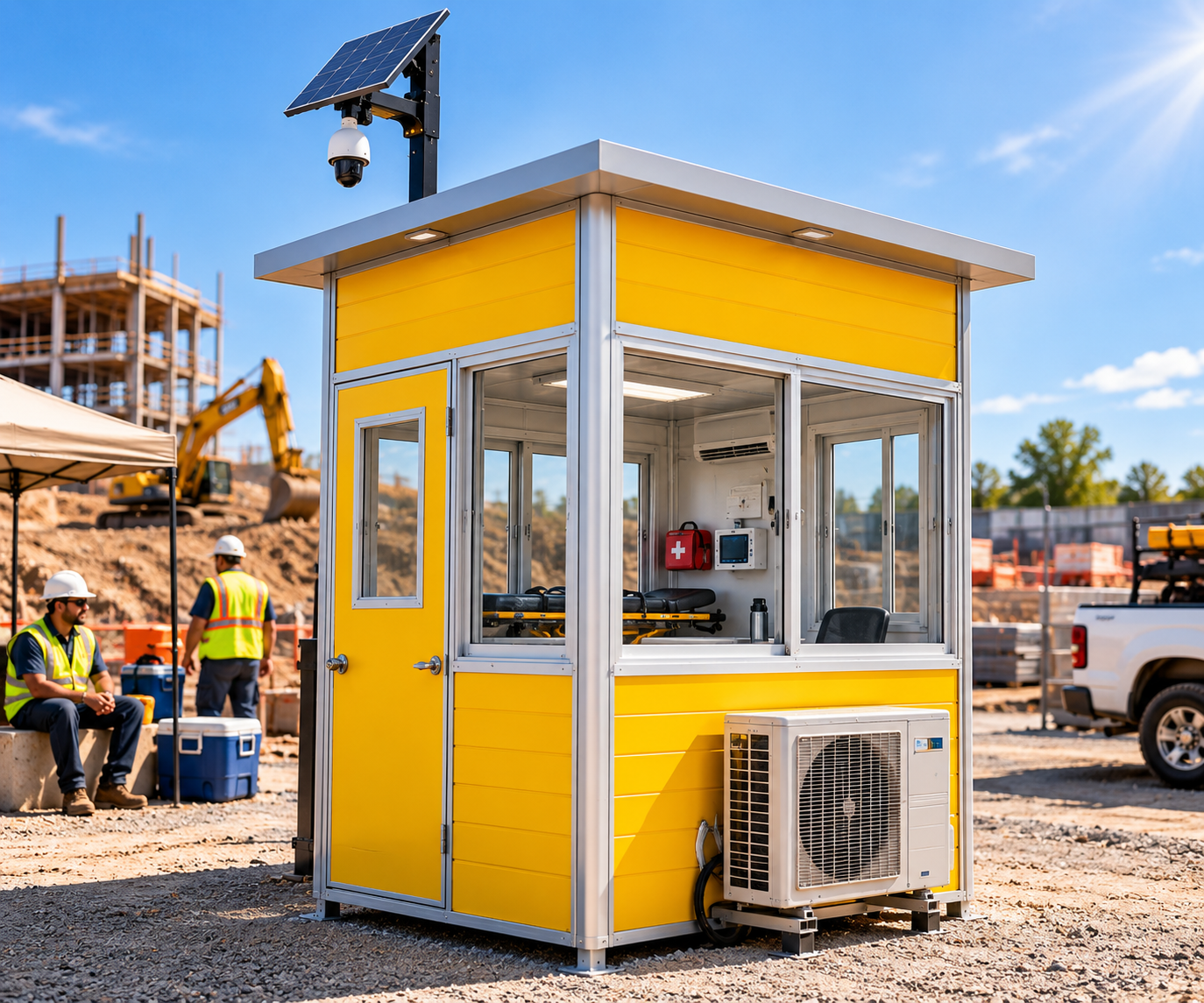 YellowBox medical and cooling station at construction site with solar panel and HVAC unit