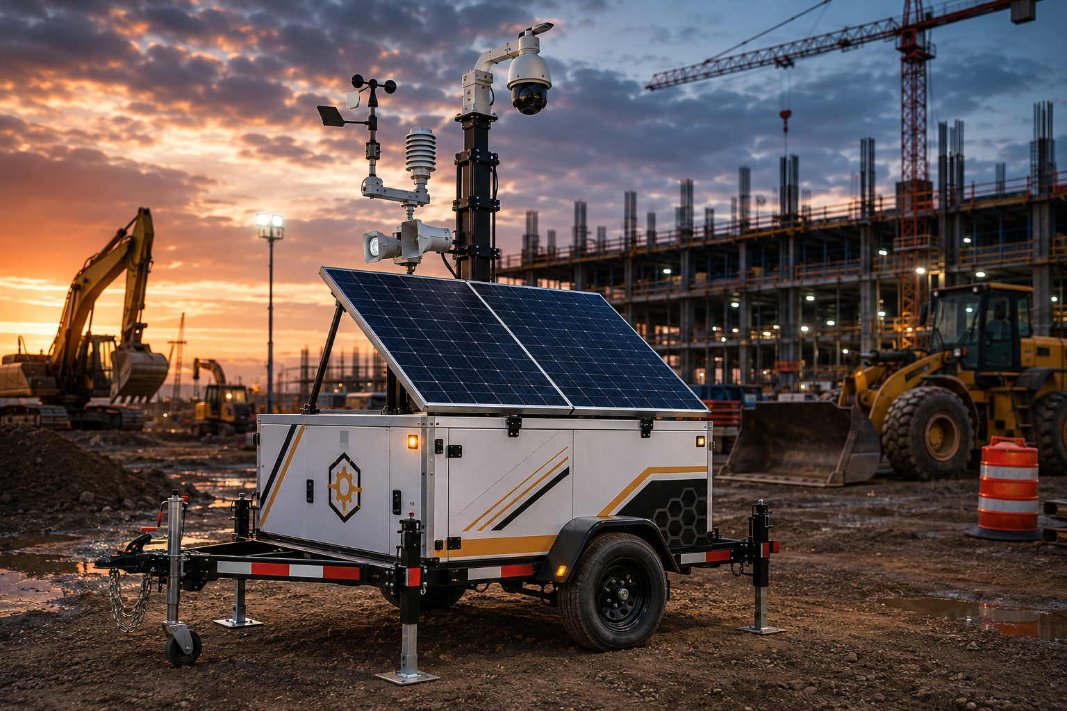 YellowBox mobile surveillance trailer with PTZ camera, weather station, solar panels and amber branding deployed on active construction site at sunset