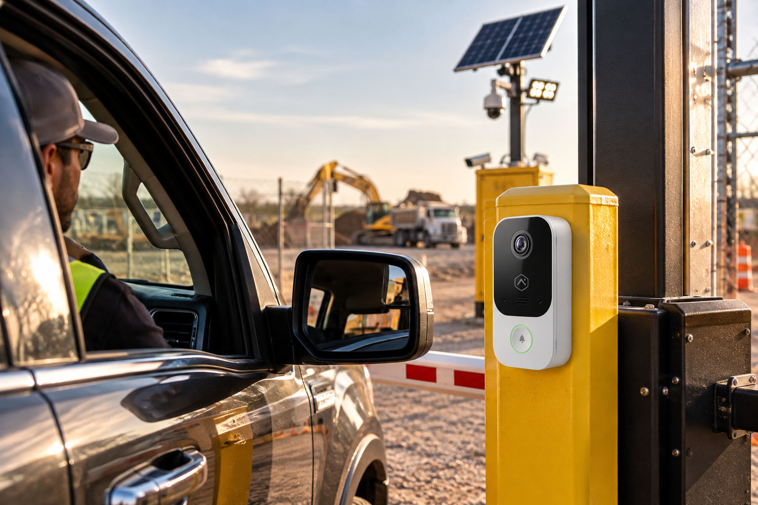 Vehicle at construction site entrance with video intercom mounted on gate post, PTZ camera and solar panel